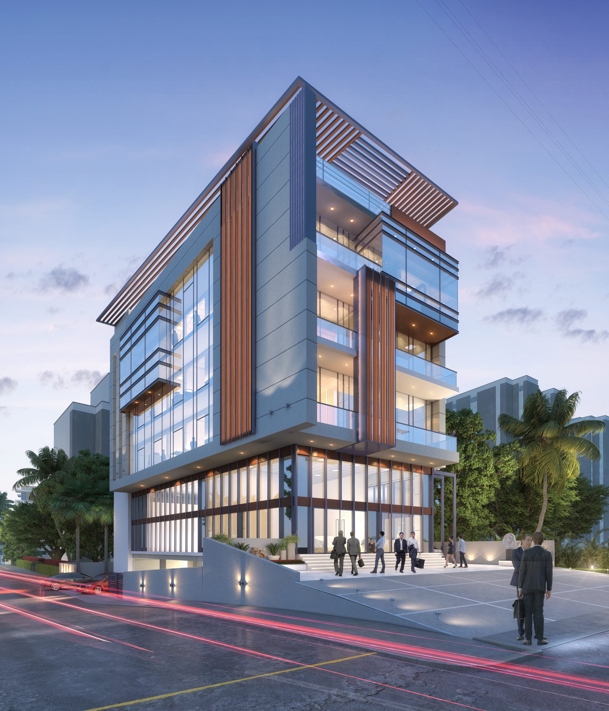 Shivalik Solitaire at dusk: a glazed commercial building with timber-finish fins and a pergola crown, steps rising to a double-height entrance on a corner plot, architect's render