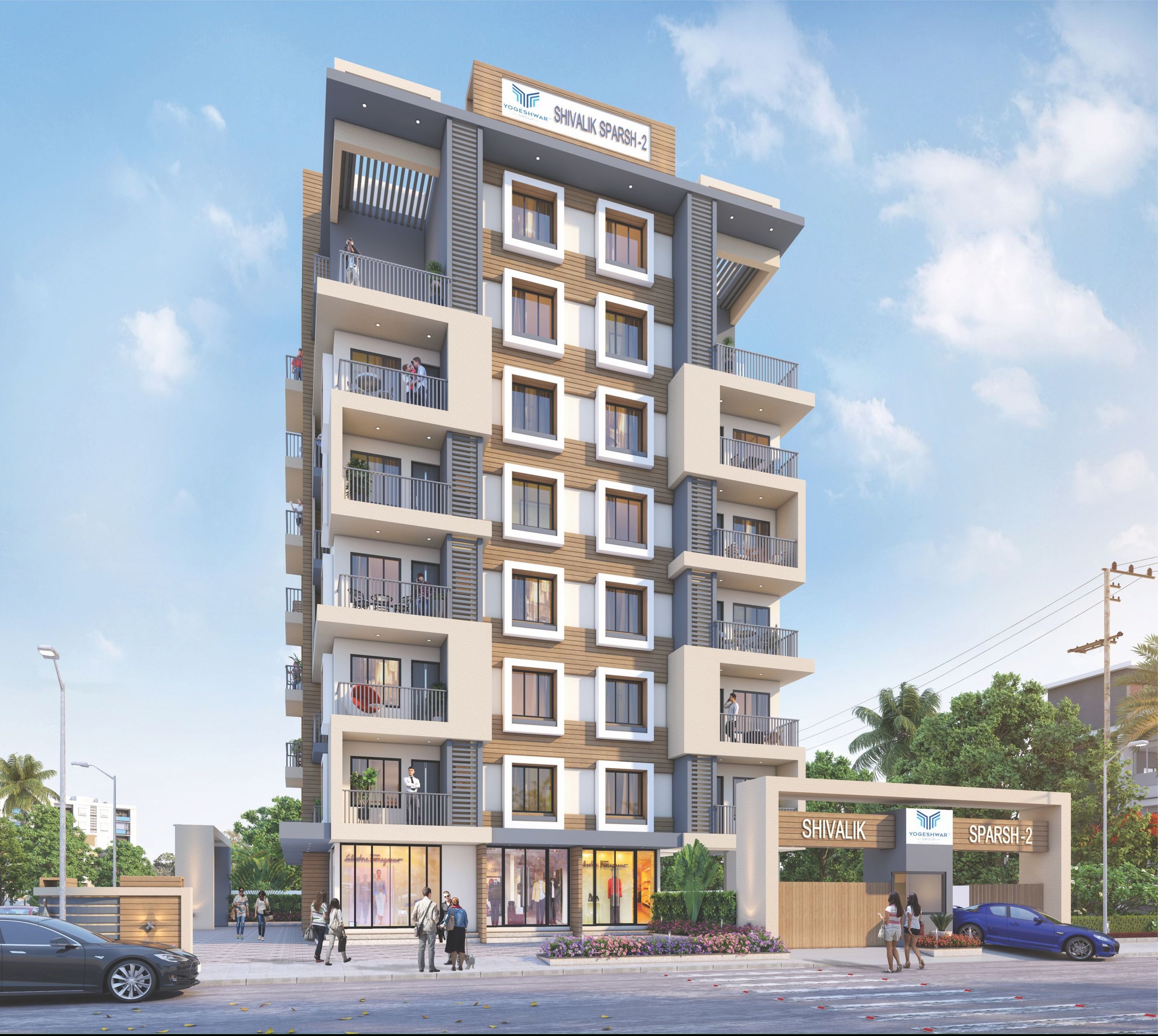 Shivalik Sparsh 2 by day: an eight-storey residential building in white, grey and timber tones with balconies on every floor, above a row of glazed shops, with a Shivalik Sparsh-2 gateway beside it, architect's render