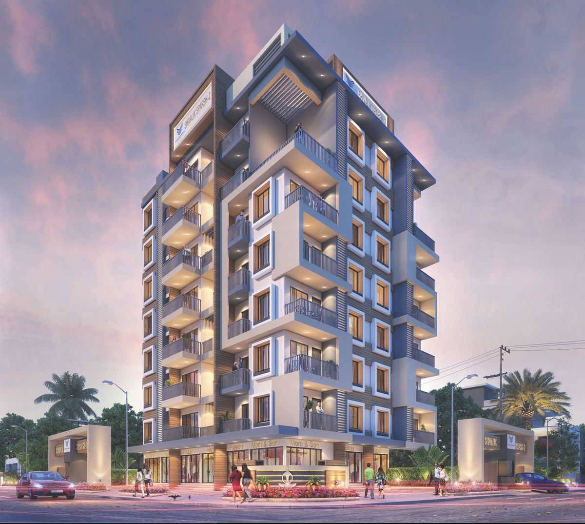 Shivalik Sparsh 2 at dusk, lit balconies stacked up its corner under a pink sky, with the shops and the entrance gateway lit below, architect's render