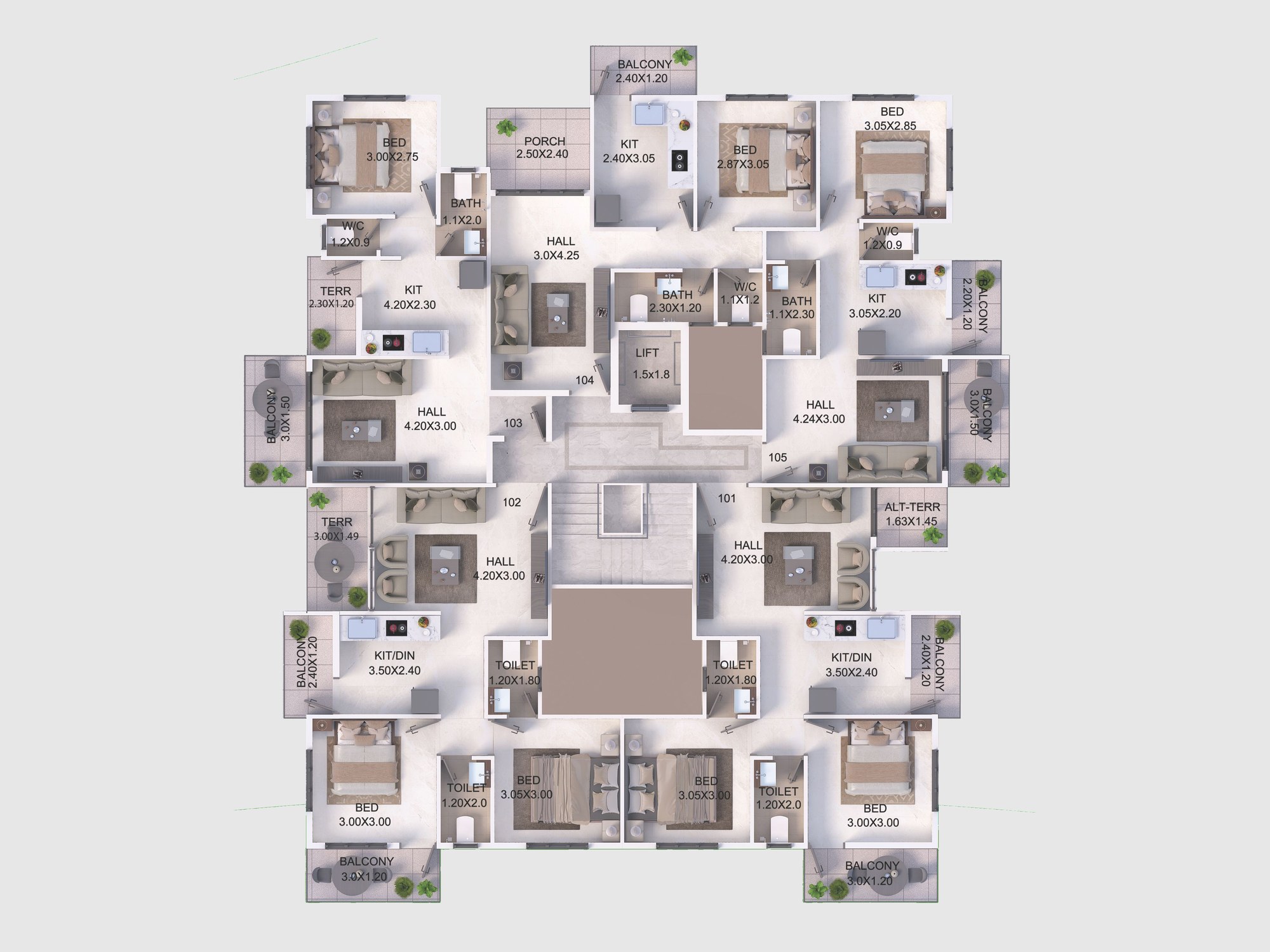 First floor plan of Shivalik Sparsh 2: five furnished homes, 101 to 105, around the lift and staircase