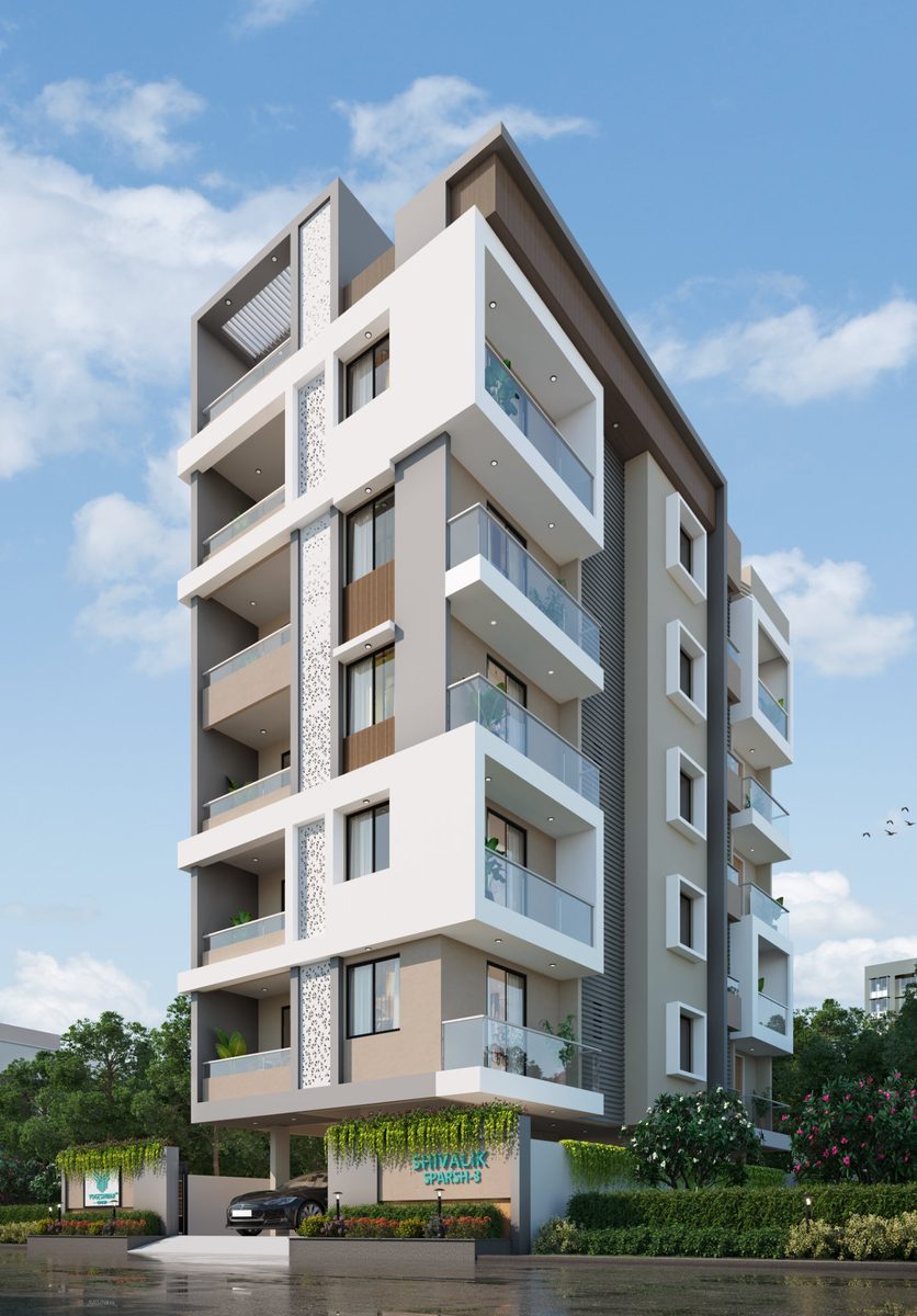 Shivalik Sparsh-3 by day under a blue sky, white and beige balconies and perforated screen panels above the planted entrance, architect's render