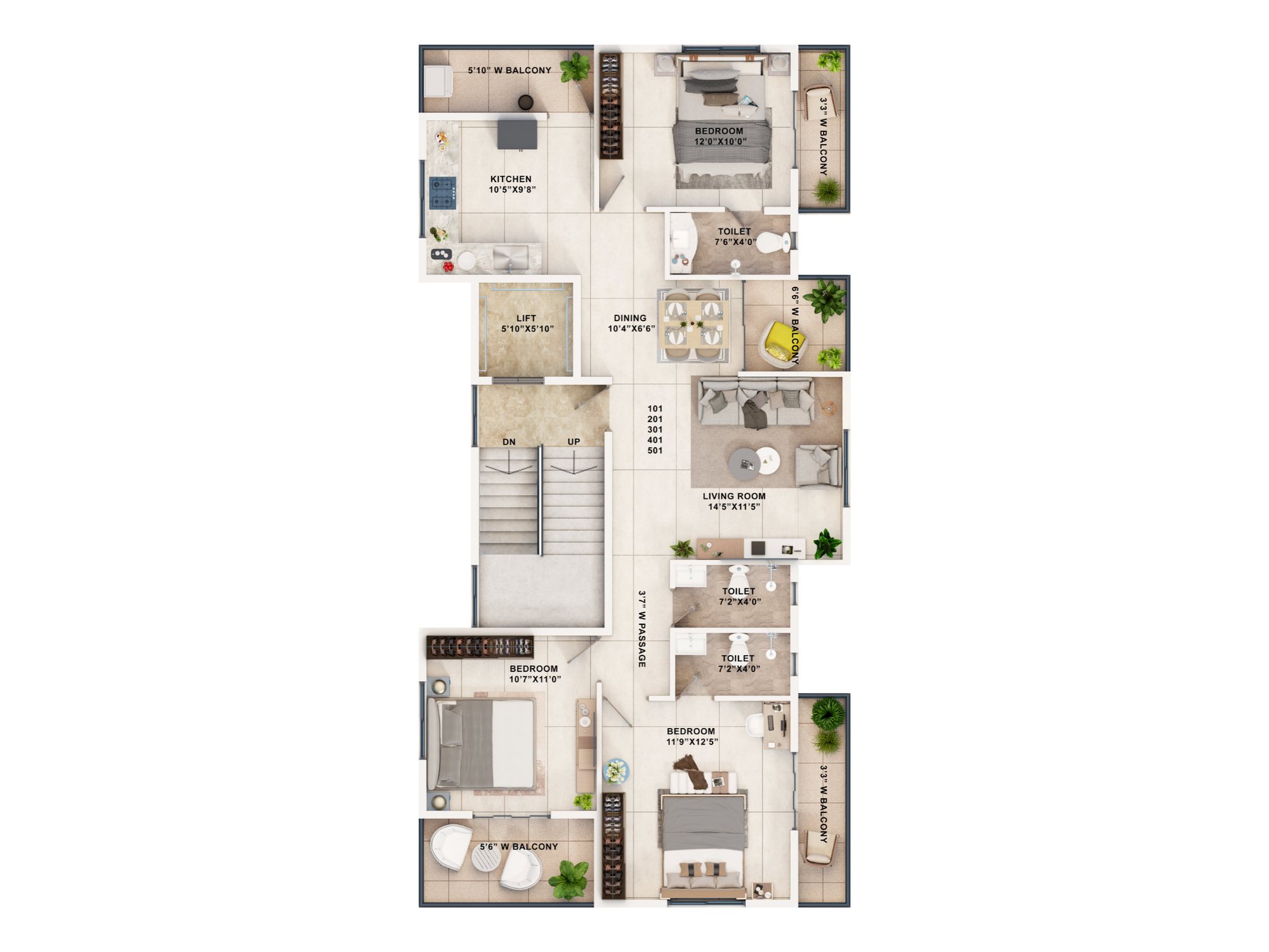 Typical floor plan of Shivalik Sparsh-3, one 3 BHK home with living room, dining, kitchen, three bedrooms, three toilets and five balconies beside the lift and staircase