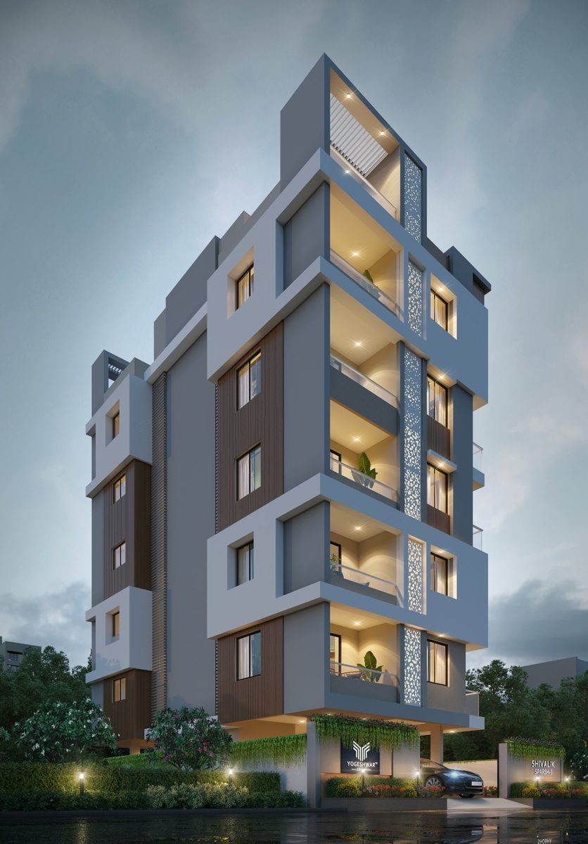 Shivalik Sparsh-3 at dusk seen from its other corner, with timber-clad panels, screened balconies and the entrance signs at the gate, architect's render