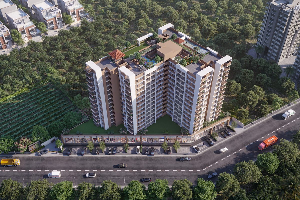Shivalik Status from above, showing the shopfronts along the road, the podium lawn and the landscaped terrace with its gazebo, architect's render
