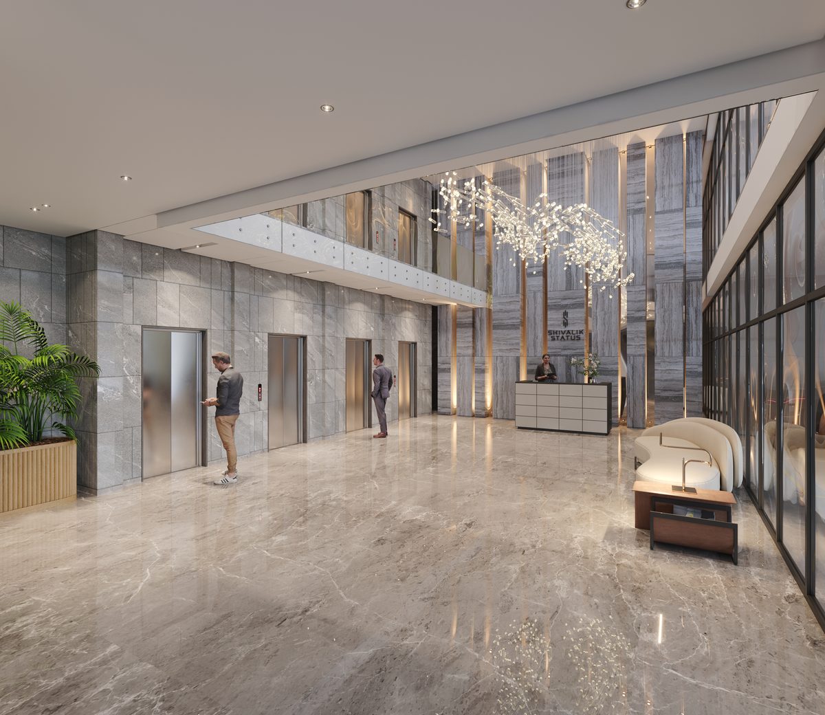 Double-height entrance lobby of Shivalik Status with marble floor, four lifts, a reception desk and a crystal chandelier, architect's render