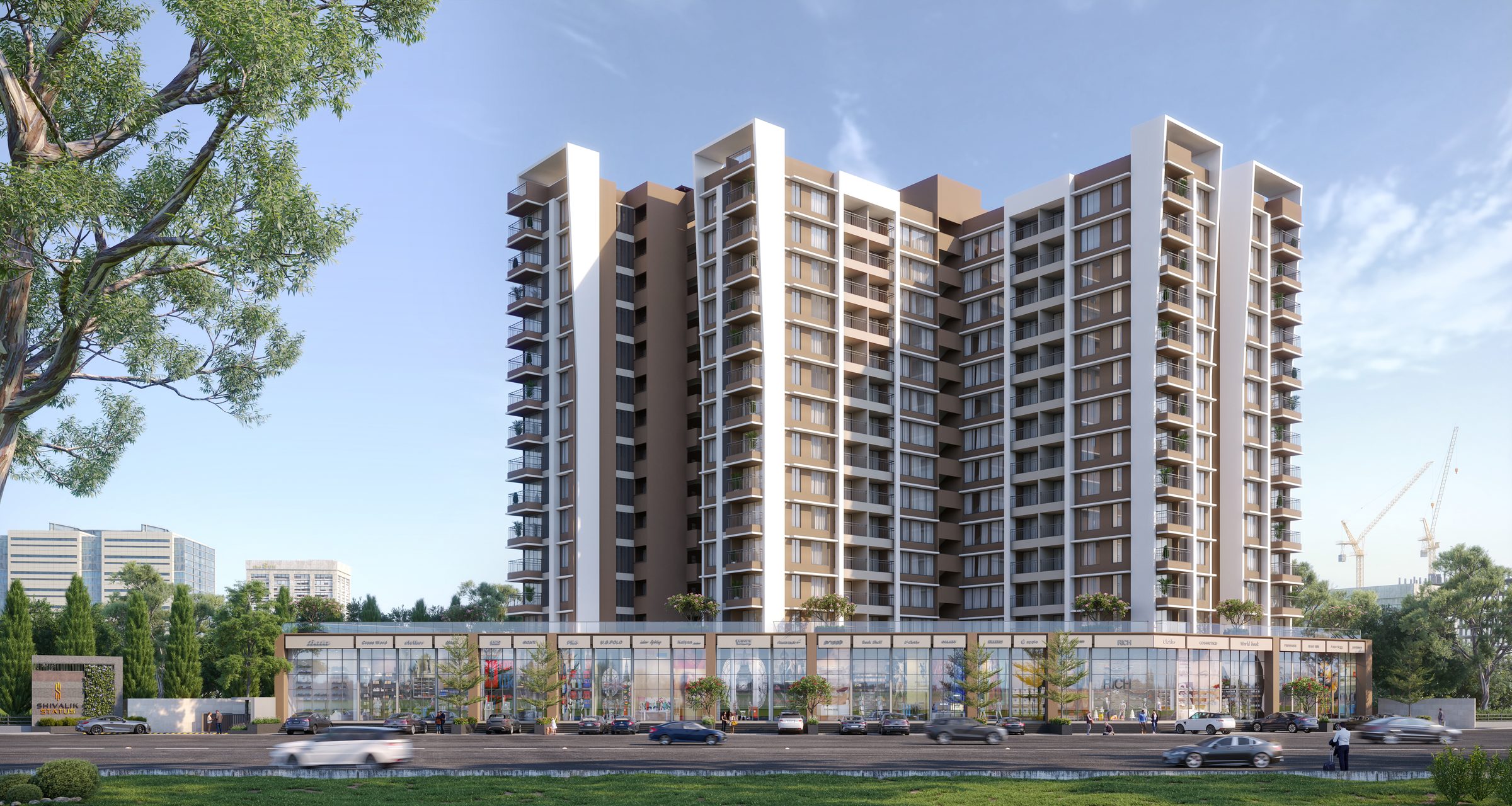 Shivalik Status seen from the road: a G+13 tower in brown and white with white fins, above a long glazed row of shops, architect's render