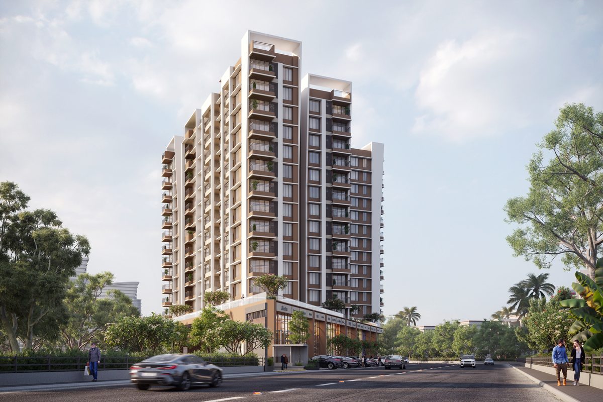 Shivalik Status seen along the street at its corner, the tower rising behind the shops, architect's render