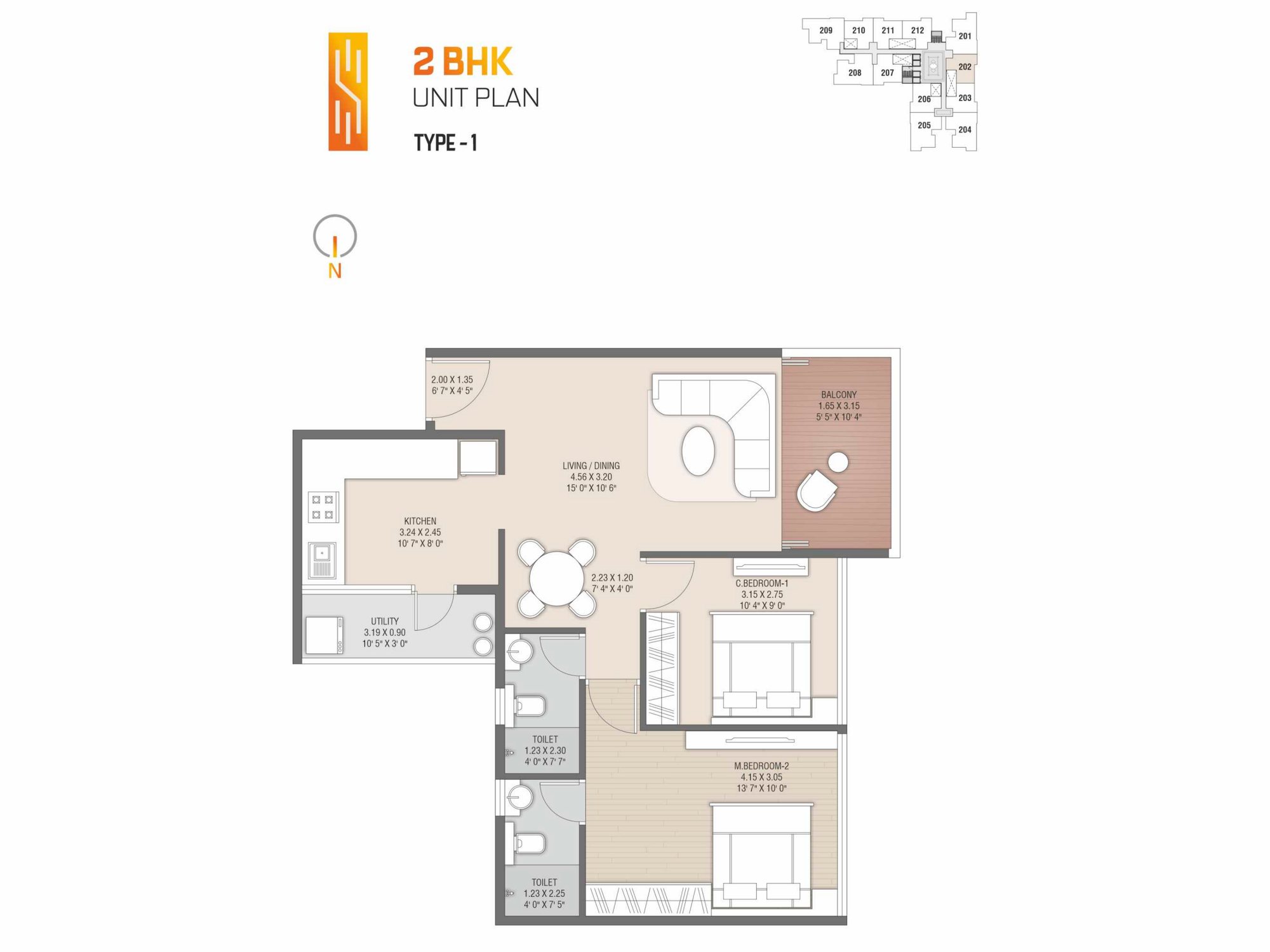 2 BHK type 1 unit plan of Shivalik Status, with living and dining, kitchen, utility, two bedrooms, two toilets and a balcony