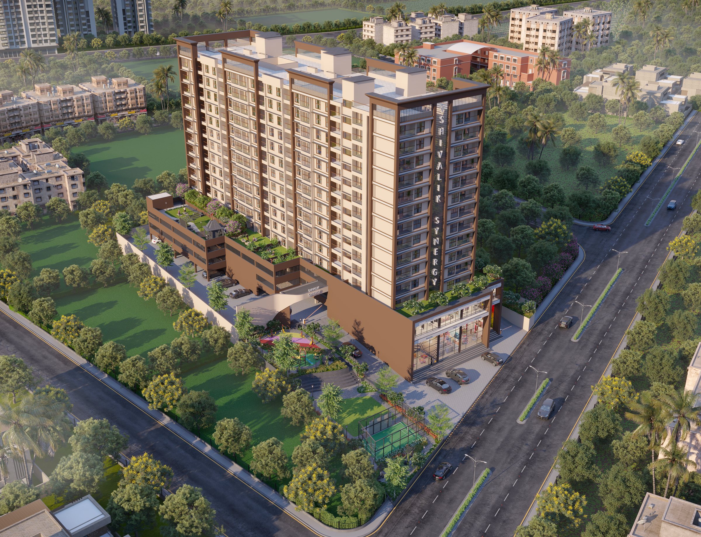 From above: the tower, the parking block with its terrace, and the garden, architect's render