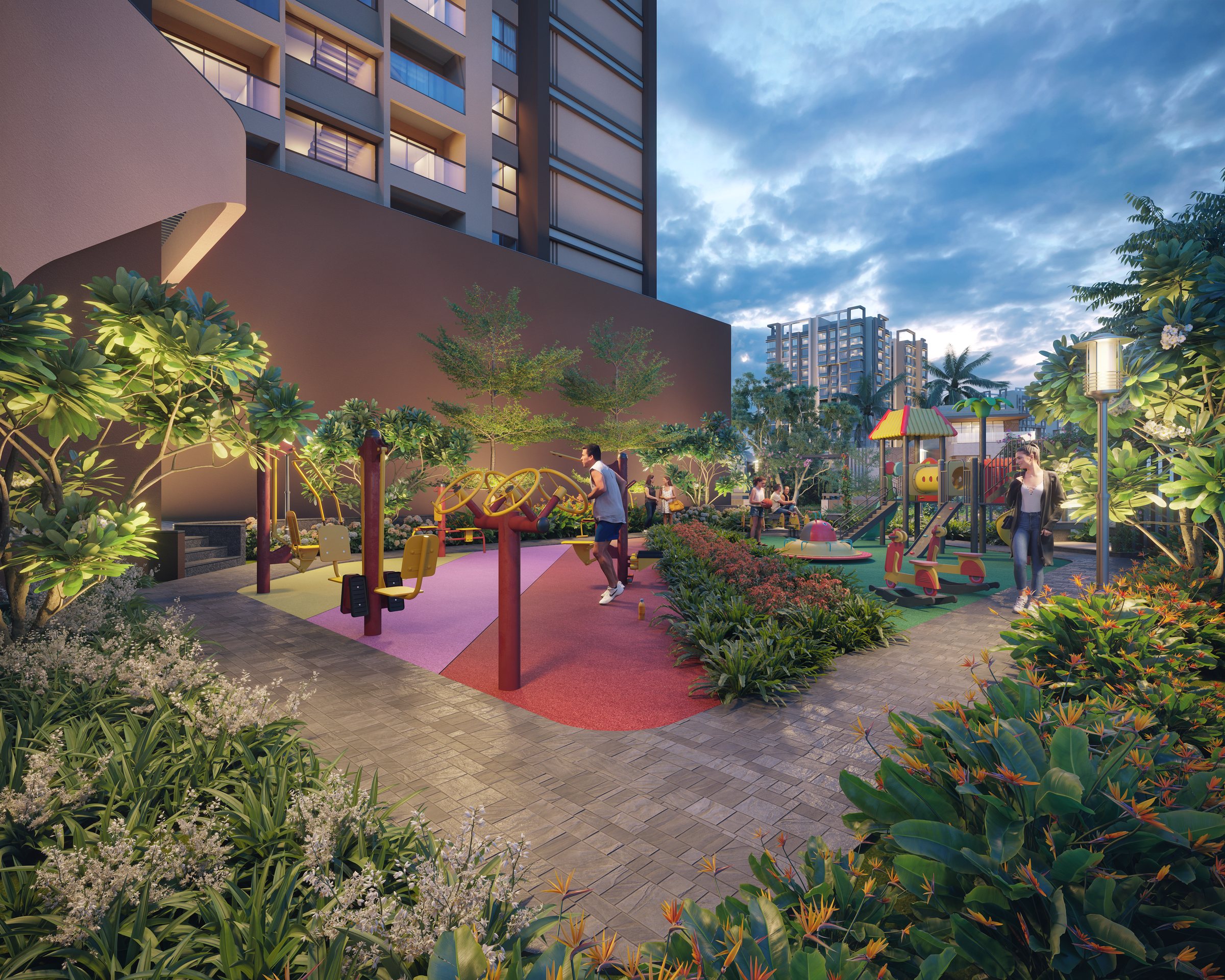 Children's play area and outdoor gym, lit at night, architect's render