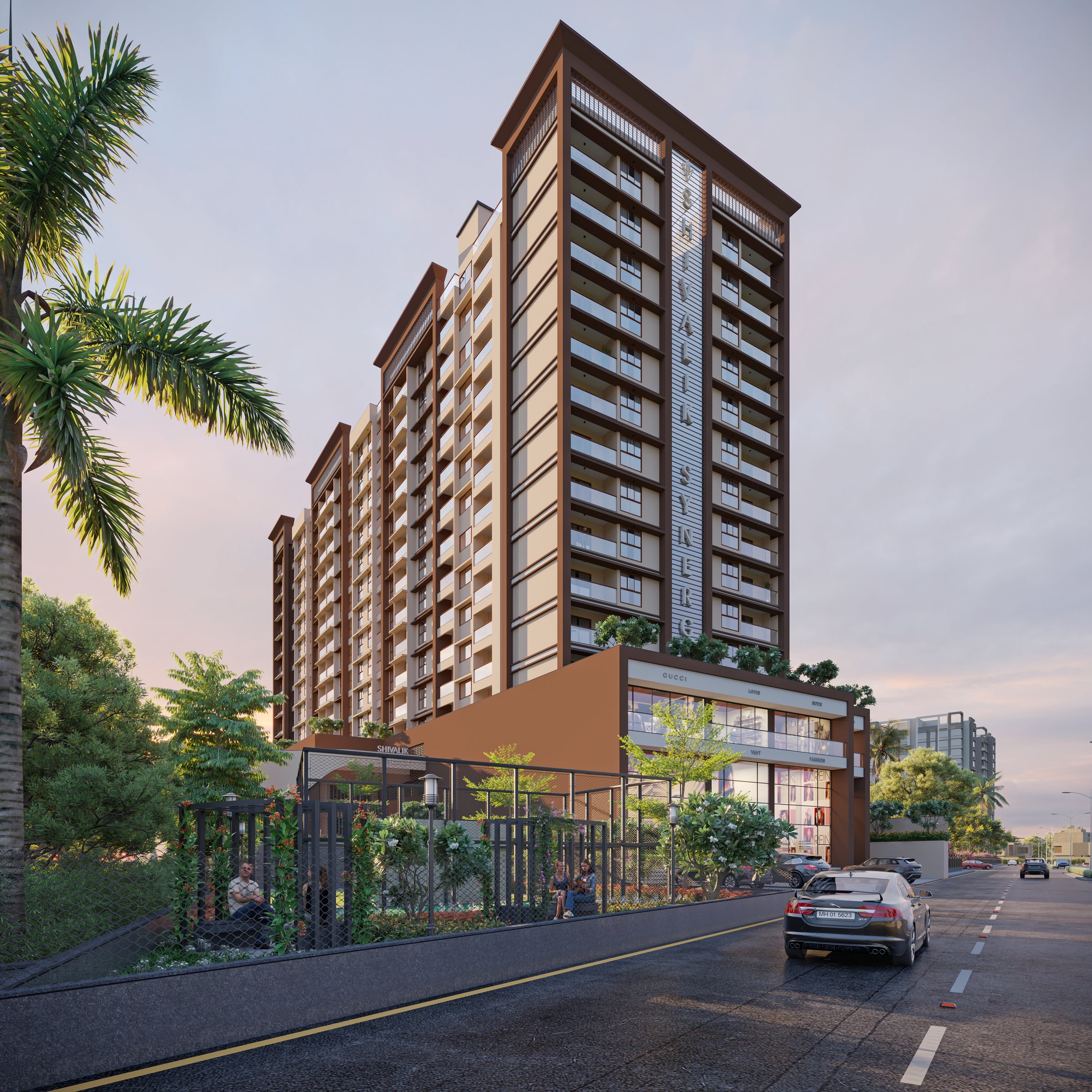 From the street, past the boundary garden, architect's render