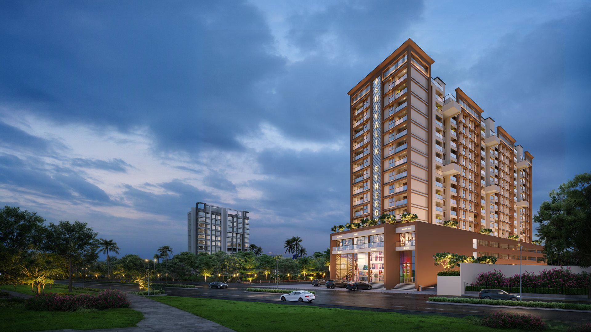 Shivalik Synergy at dusk, the whole building in view, architect's render extended at its edges