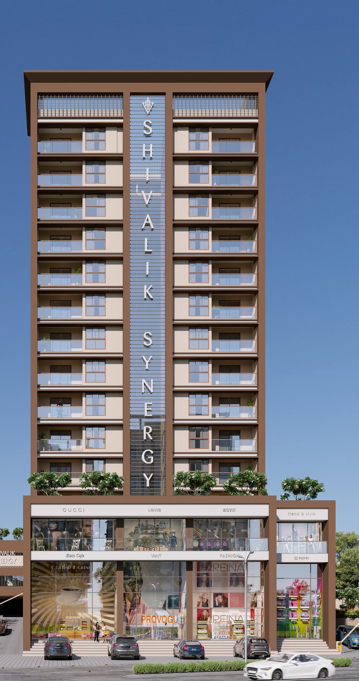 Shivalik Synergy from the front, the whole tower in view, architect's render extended at its edges