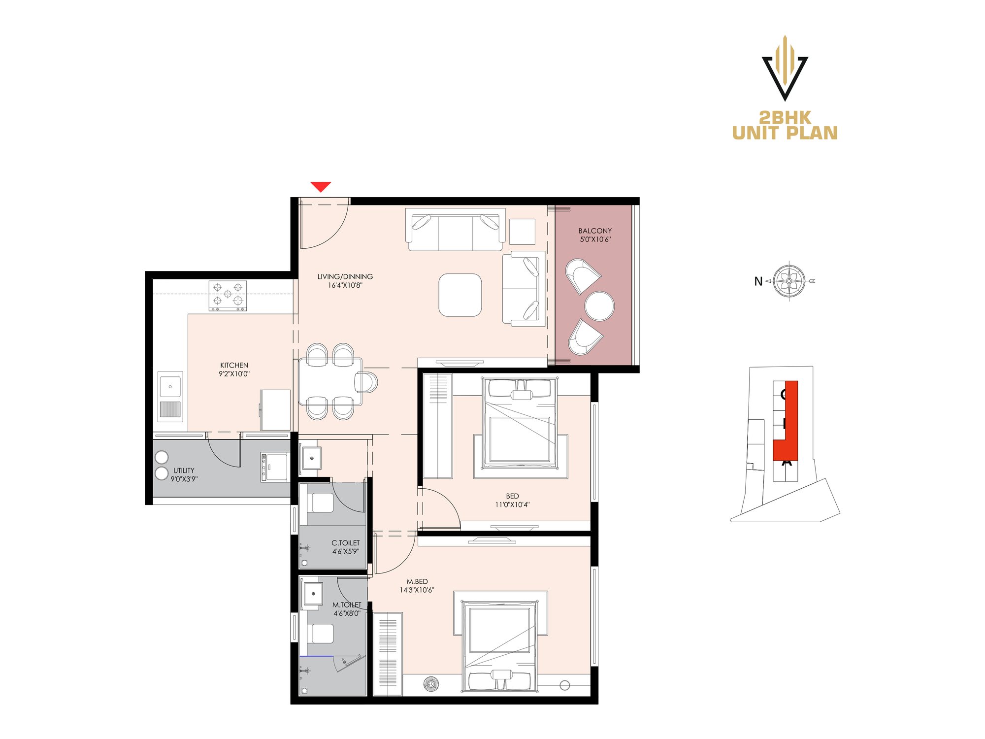 2 BHK type 1 unit plan of Shivalik Synergy with room dimensions