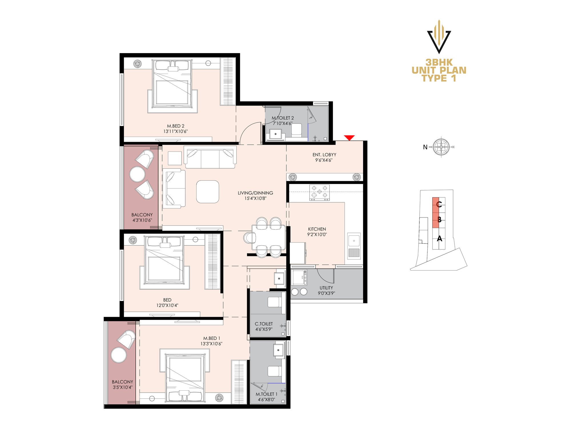 3 BHK type 1 unit plan of Shivalik Synergy with room dimensions