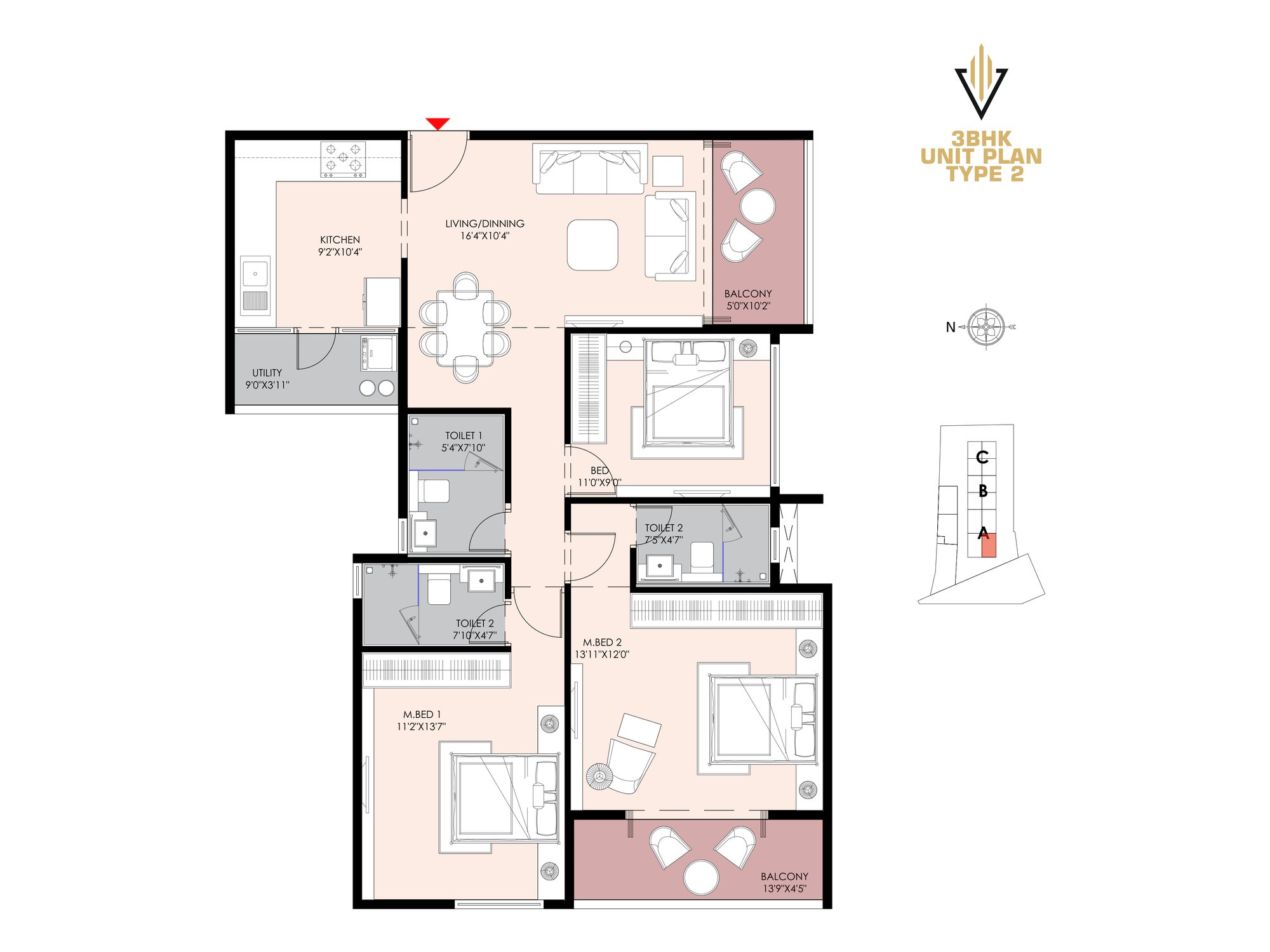 3 BHK type 2 unit plan of Shivalik Synergy with room dimensions