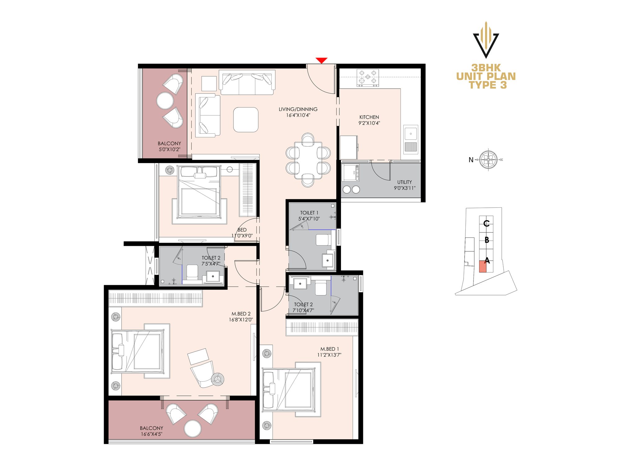 3 BHK type 3 unit plan of Shivalik Synergy with room dimensions