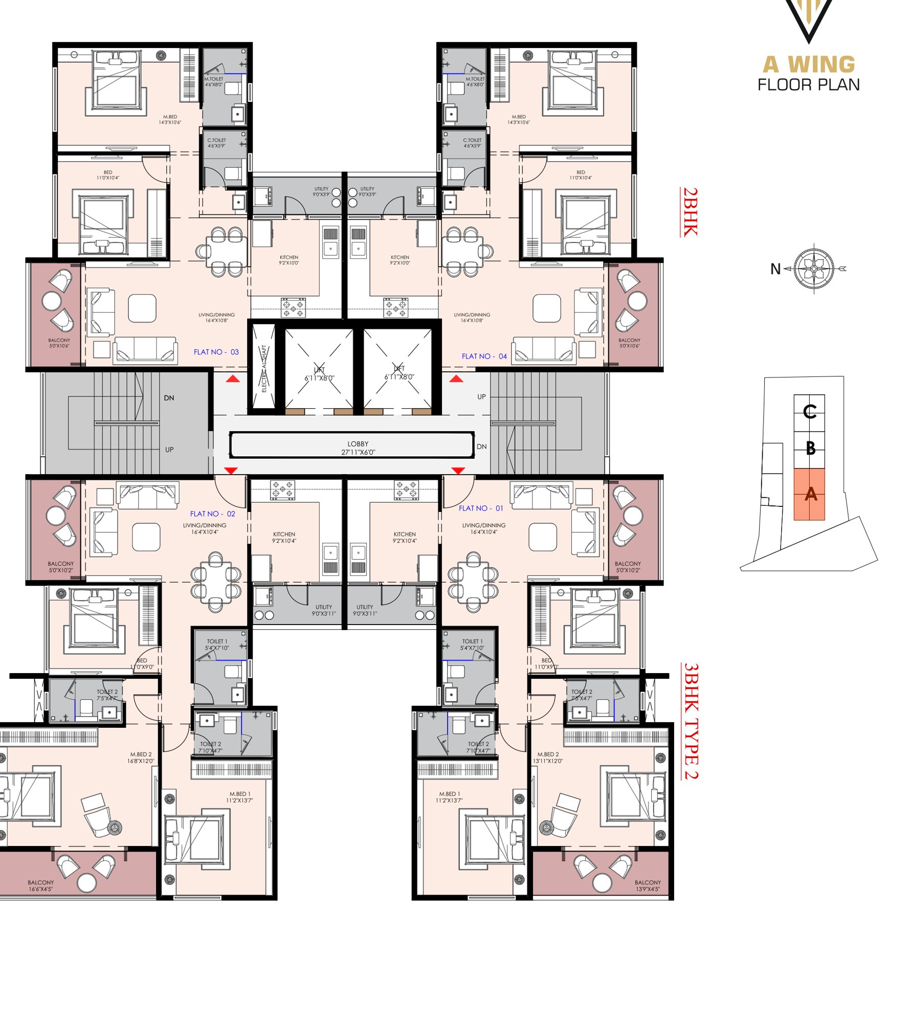 A wing floor plan of Shivalik Synergy, from the brochure