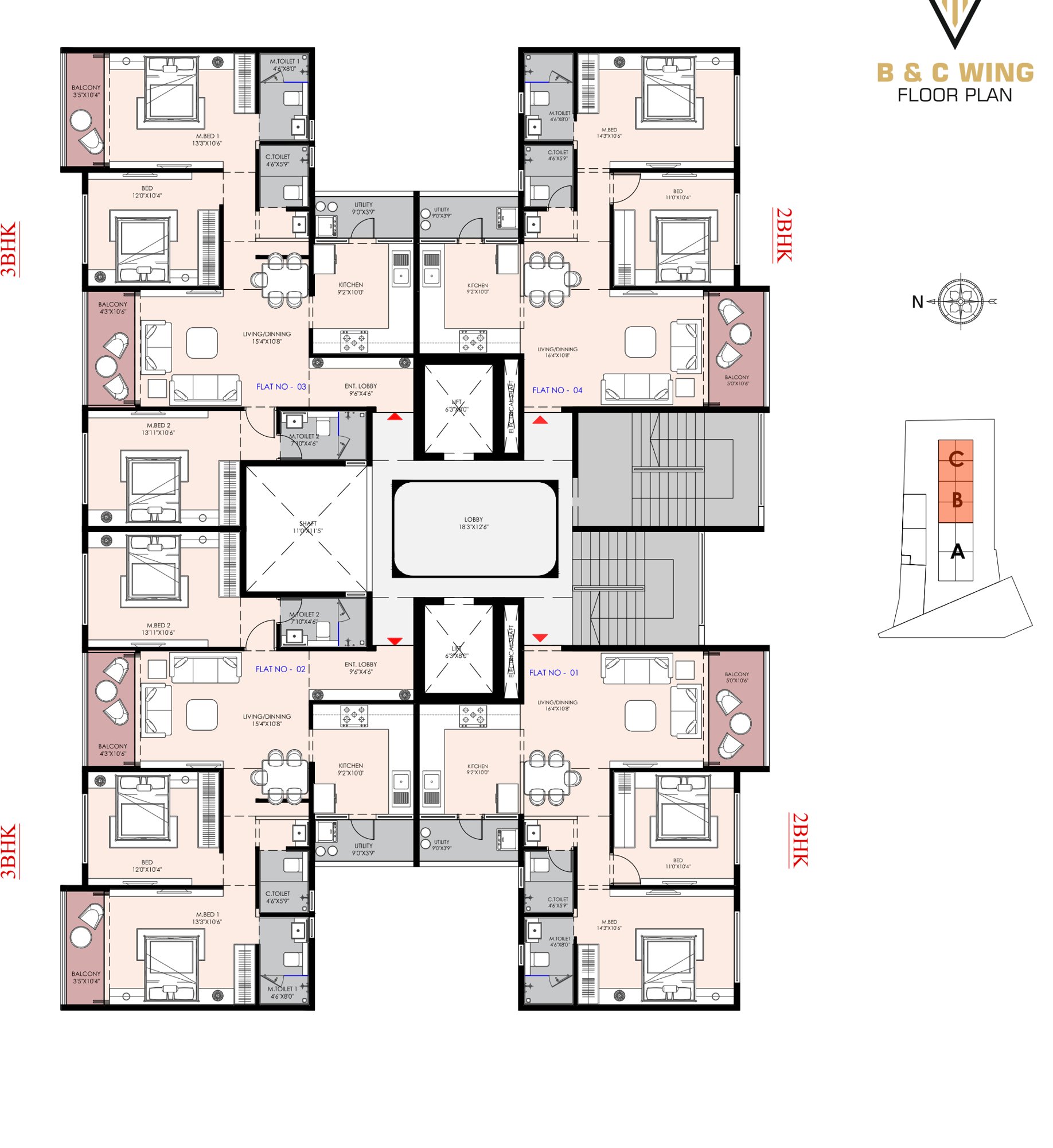 B and C wings floor plan of Shivalik Synergy, from the brochure