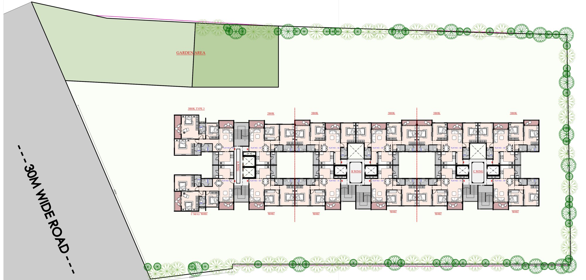 Typical floor plan of Shivalik Synergy: wings A, B and C on the plot, from the brochure