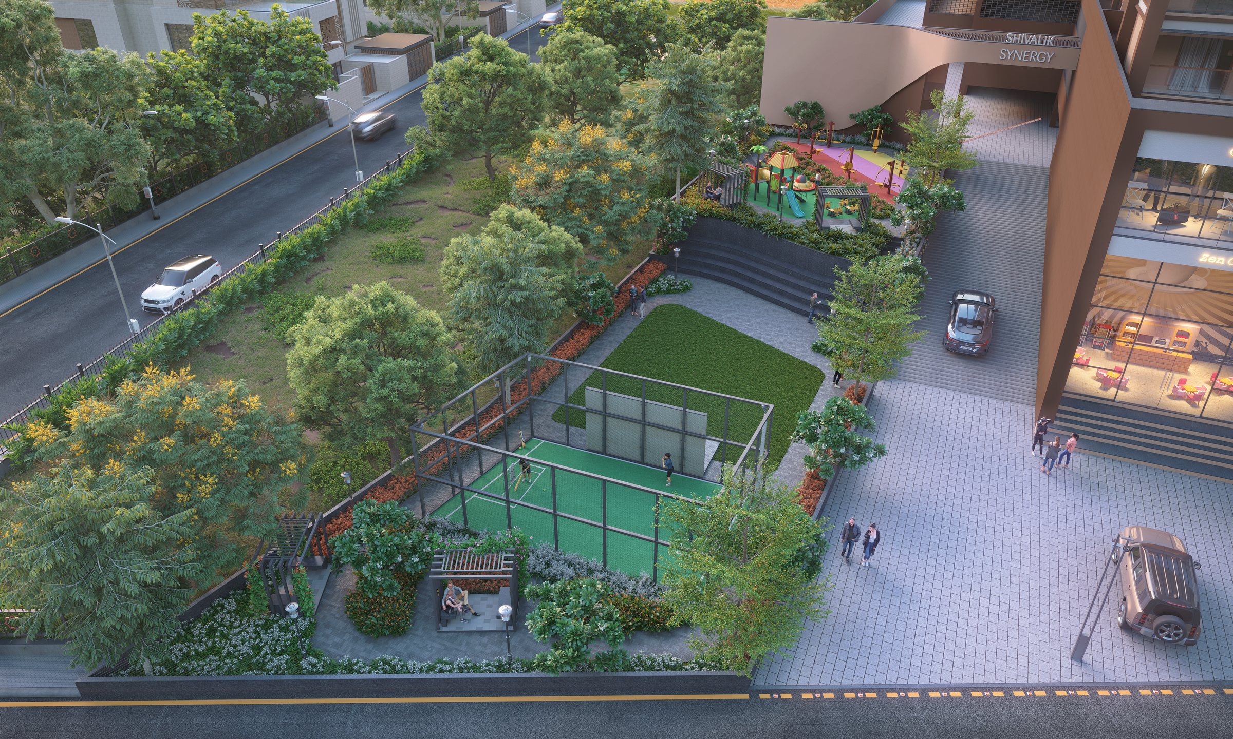 The garden from above: theatre lawn, court and play area, architect's render